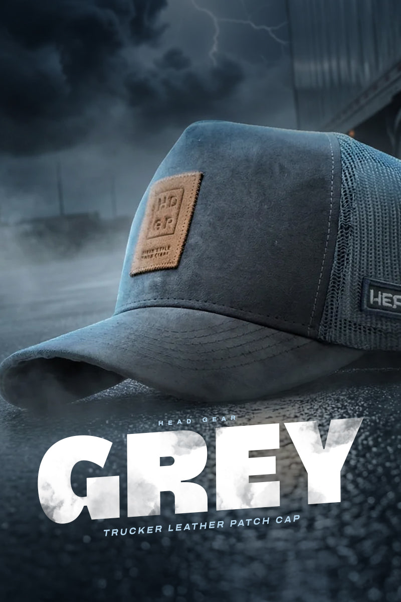 HEAD GEAR GREY TRUCKER LEATHER PATCH CAP
