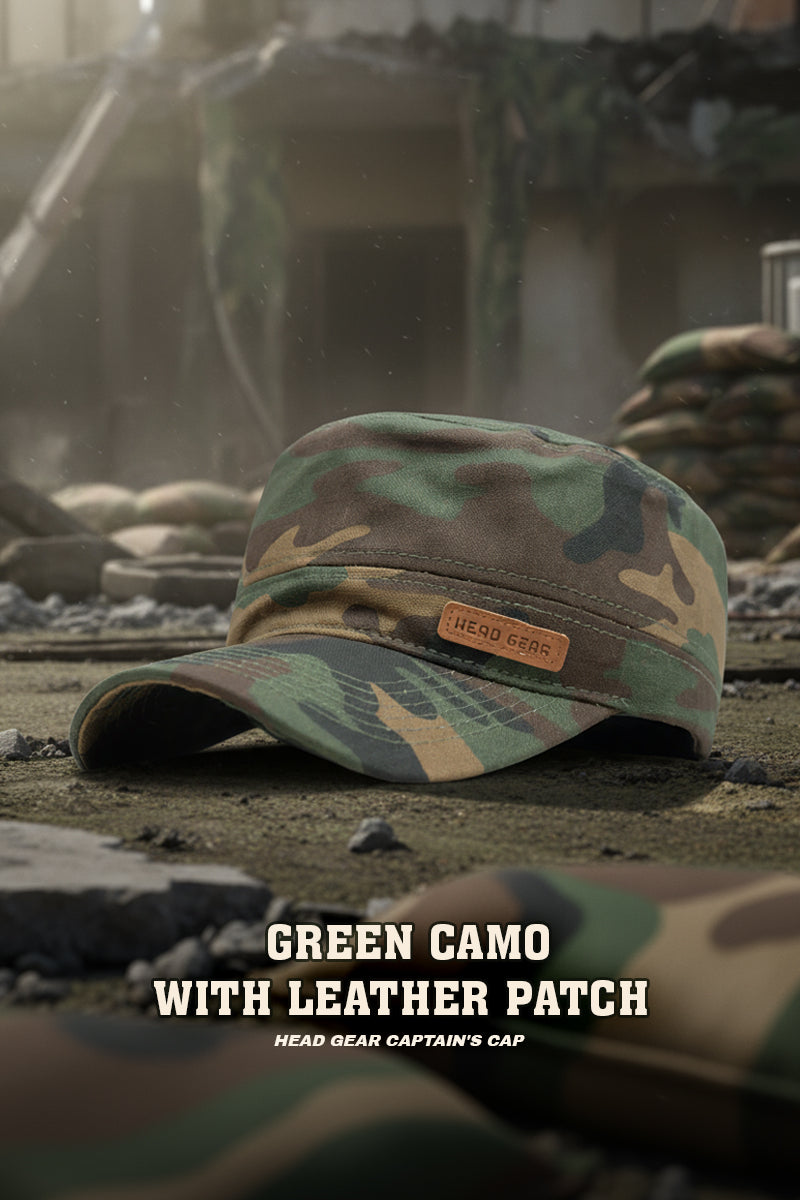 HEAD GEAR GREEN CAMO WITH LEATHER PATCH CAPTAIN'S CAP