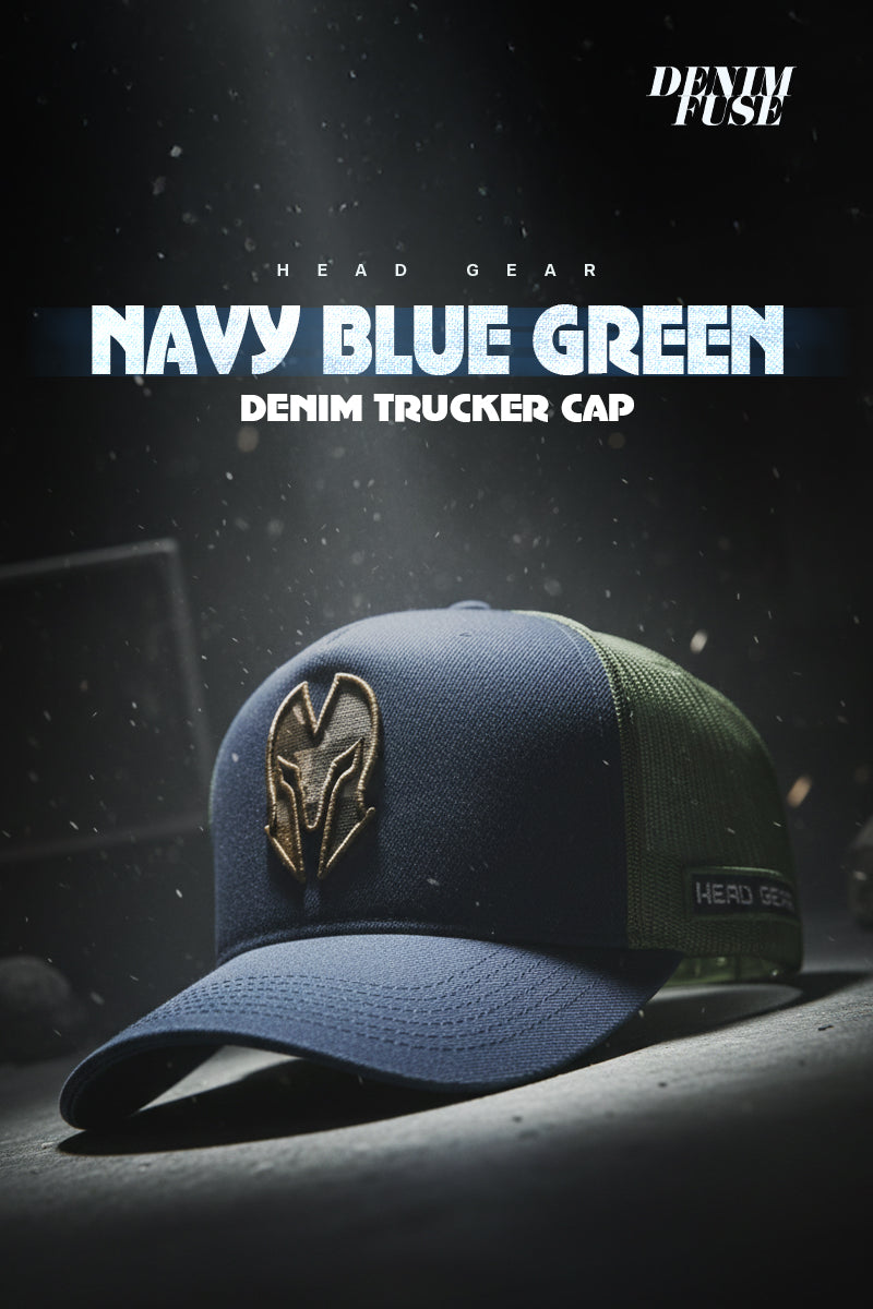HEAD GEAR NAVY BLUE GREEN DENIM TRUCKER CAP