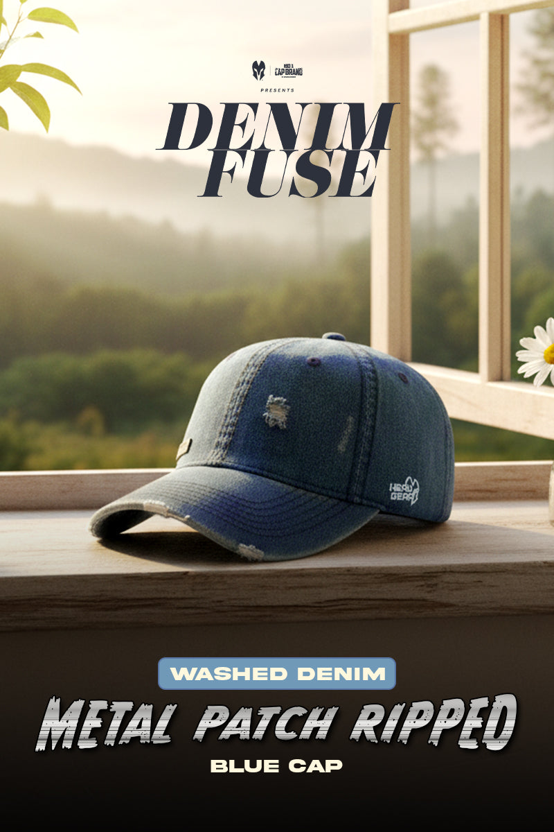 HEAD GEAR WASHED DENIM METAL PATCH RIPPED CAP - BLUE
