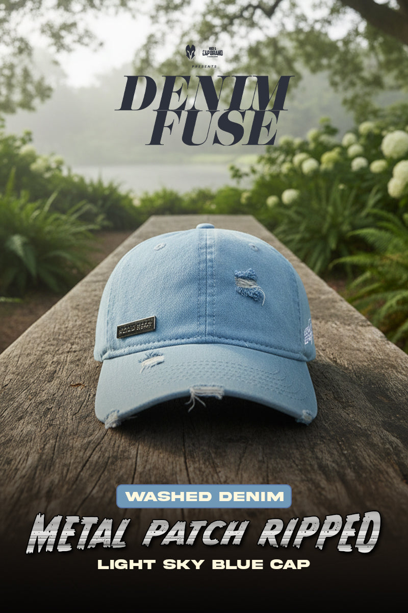 HEAD GEAR WASHED DENIM METAL PATCH RIPPED CAP - LIGHT SKY BLUE