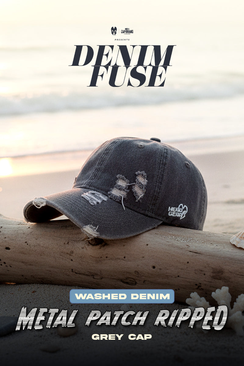 HEAD GEAR WASHED DENIM METAL PATCH RIPPED CAP - GREY