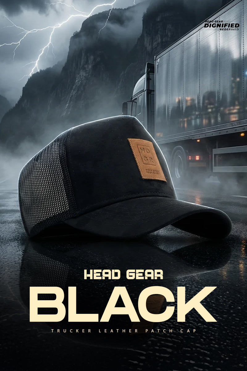 HEAD GEAR BLACK TRUCKER LEATHER PATCH CAP