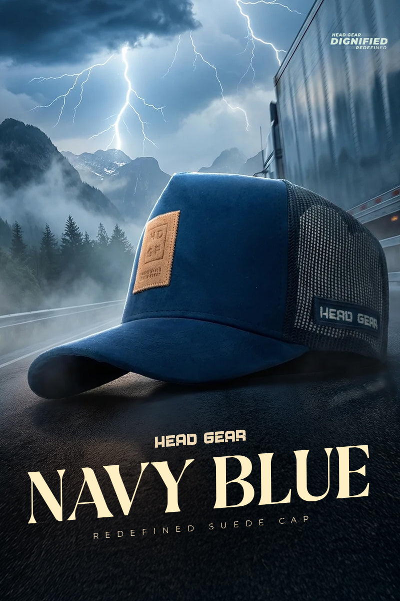 HEAD GEAR NAVY BLUE TRUCKER LEATHER PATCH CAP