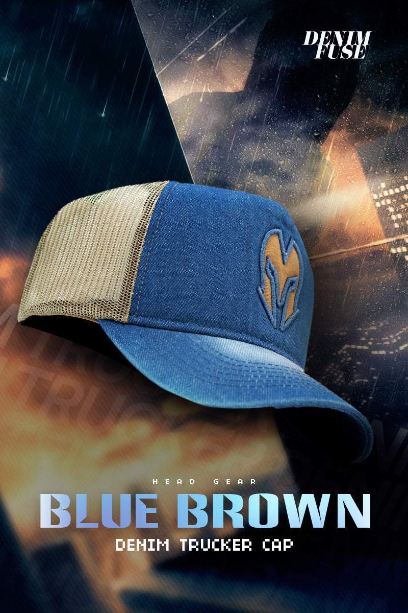 HEAD GEAR BLUE BROWN DENIM TRUCKER CAP