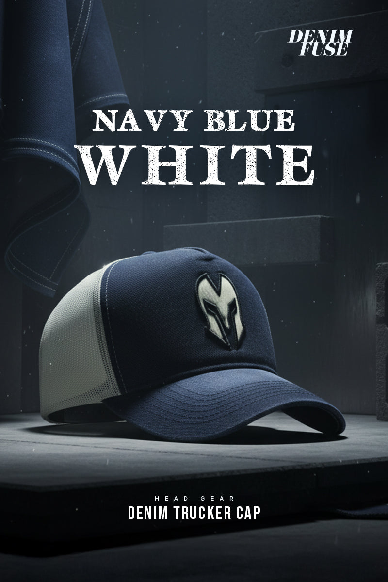 HEAD GEAR DARK NAVY BLUE WHITE DENIM TRUCKER CAP