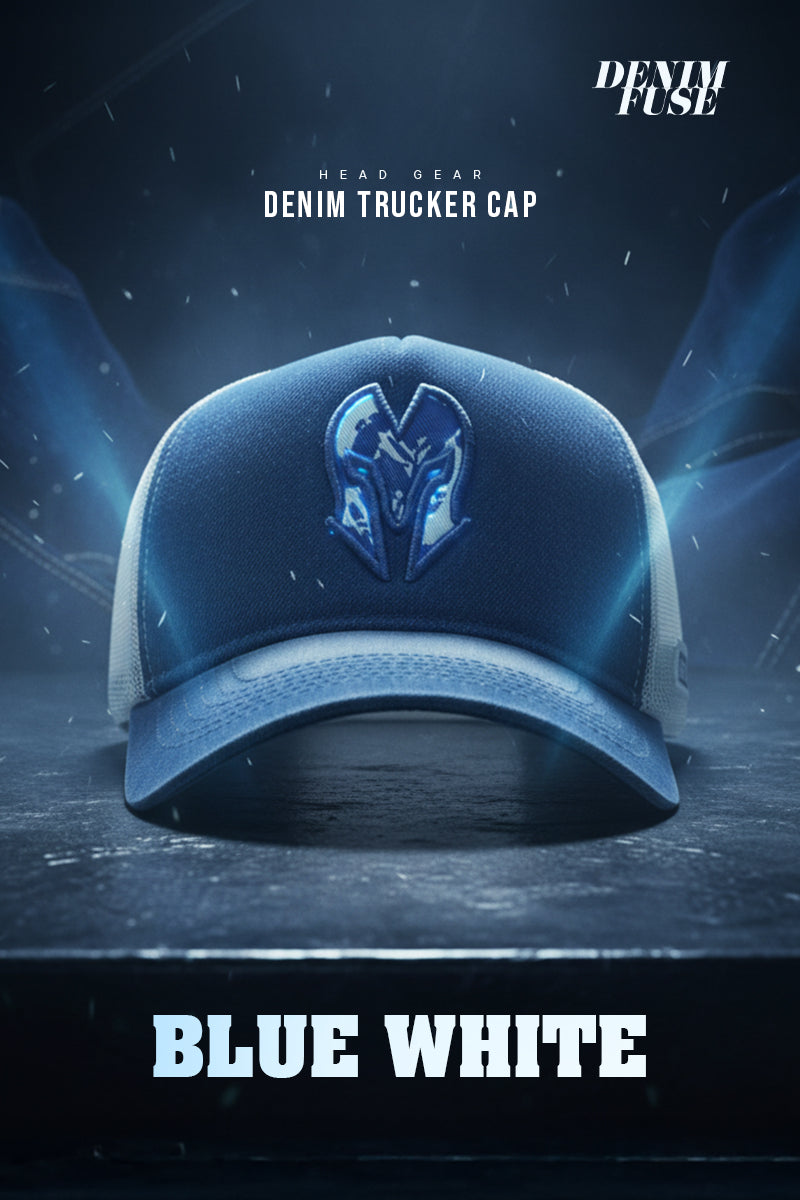 HEAD GEAR BLUE WHITE DENIM TRUCKER CAP