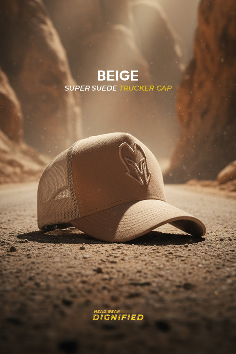 HEAD GEAR BEIGE SUPER SUEDE TRUCKER CAP