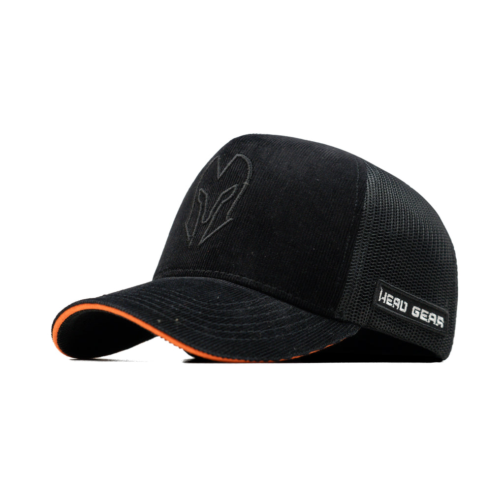 HEAD GEAR BLACK WITH ORANGE SANDWICH CORD TRUCKER CAP