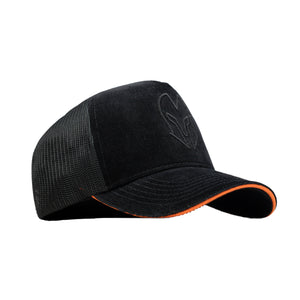 HEAD GEAR BLACK WITH ORANGE SANDWICH CORD TRUCKER CAP