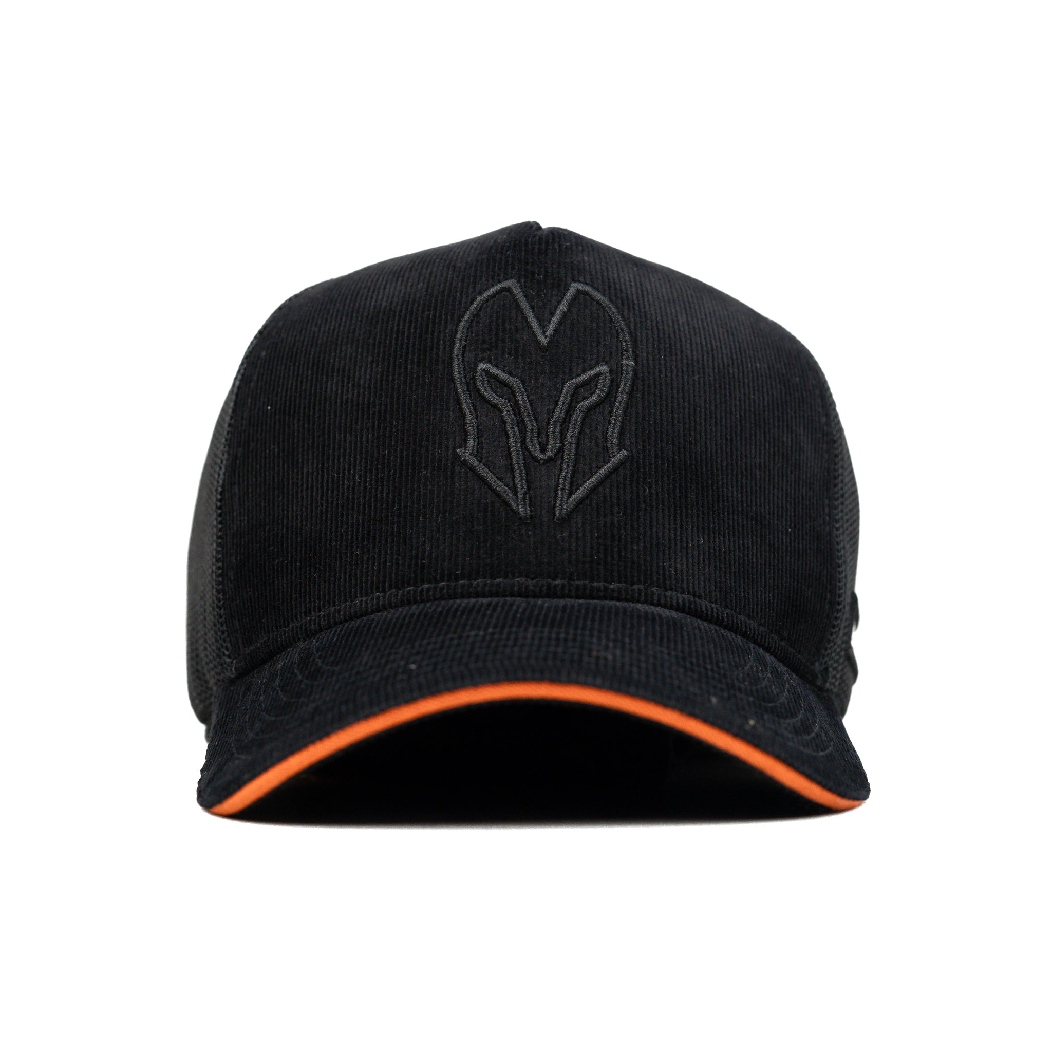 HEAD GEAR BLACK WITH ORANGE SANDWICH CORD TRUCKER CAP