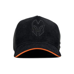 HEAD GEAR BLACK WITH ORANGE SANDWICH CORD TRUCKER CAP