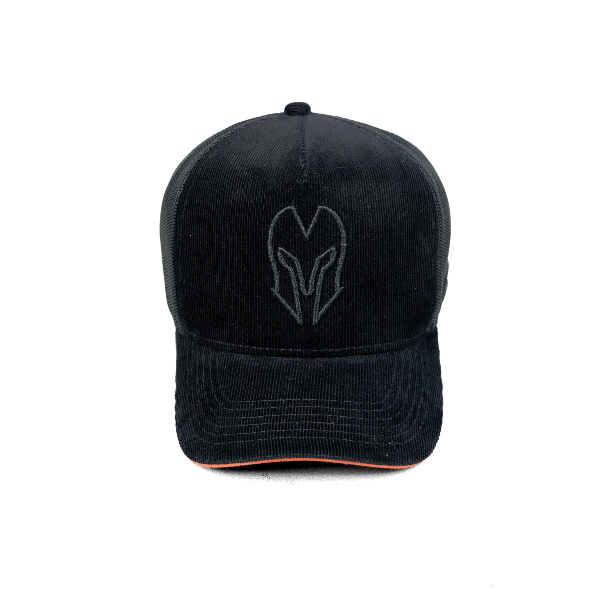 HEAD GEAR BLACK WITH ORANGE SANDWICH CORD TRUCKER CAP