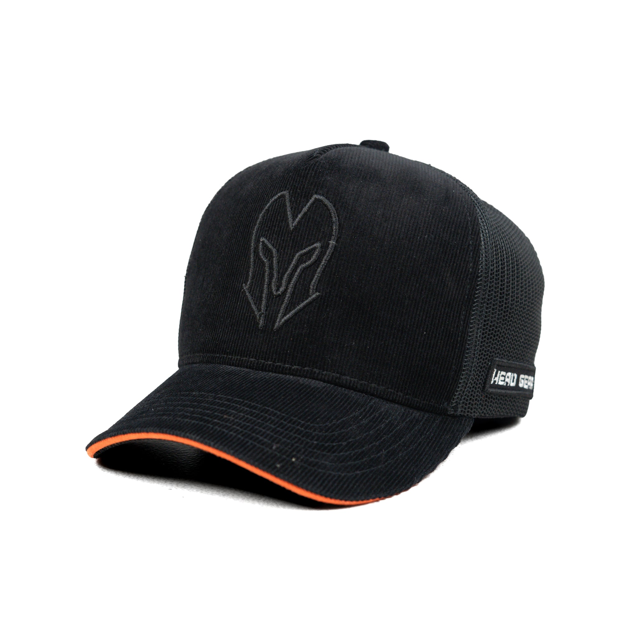 HEAD GEAR BLACK WITH ORANGE SANDWICH CORD TRUCKER CAP