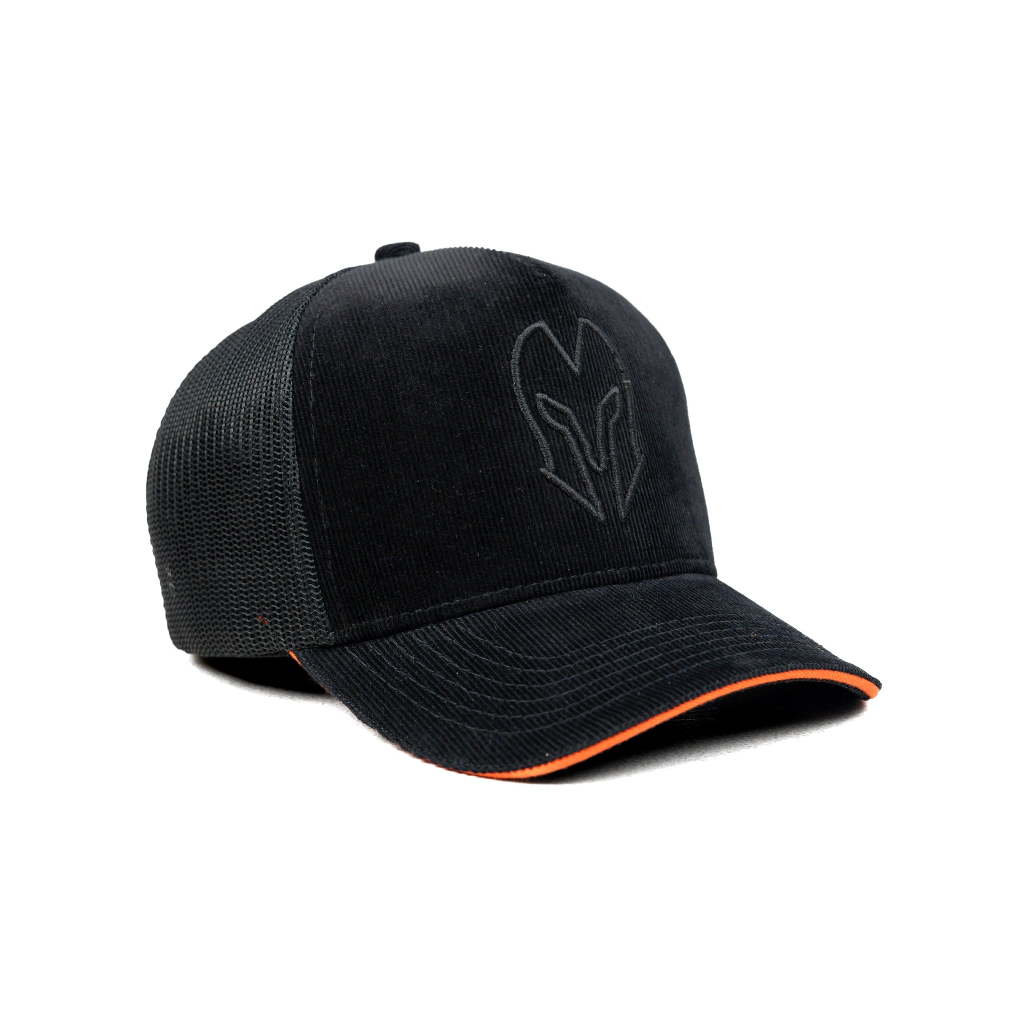 HEAD GEAR BLACK WITH ORANGE SANDWICH CORD TRUCKER CAP