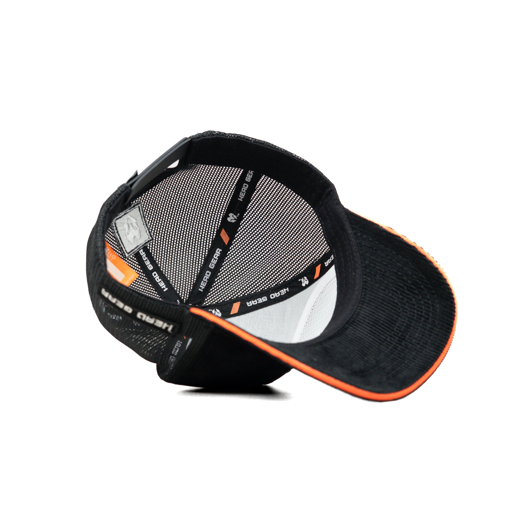 HEAD GEAR BLACK WITH ORANGE SANDWICH CORD TRUCKER CAP