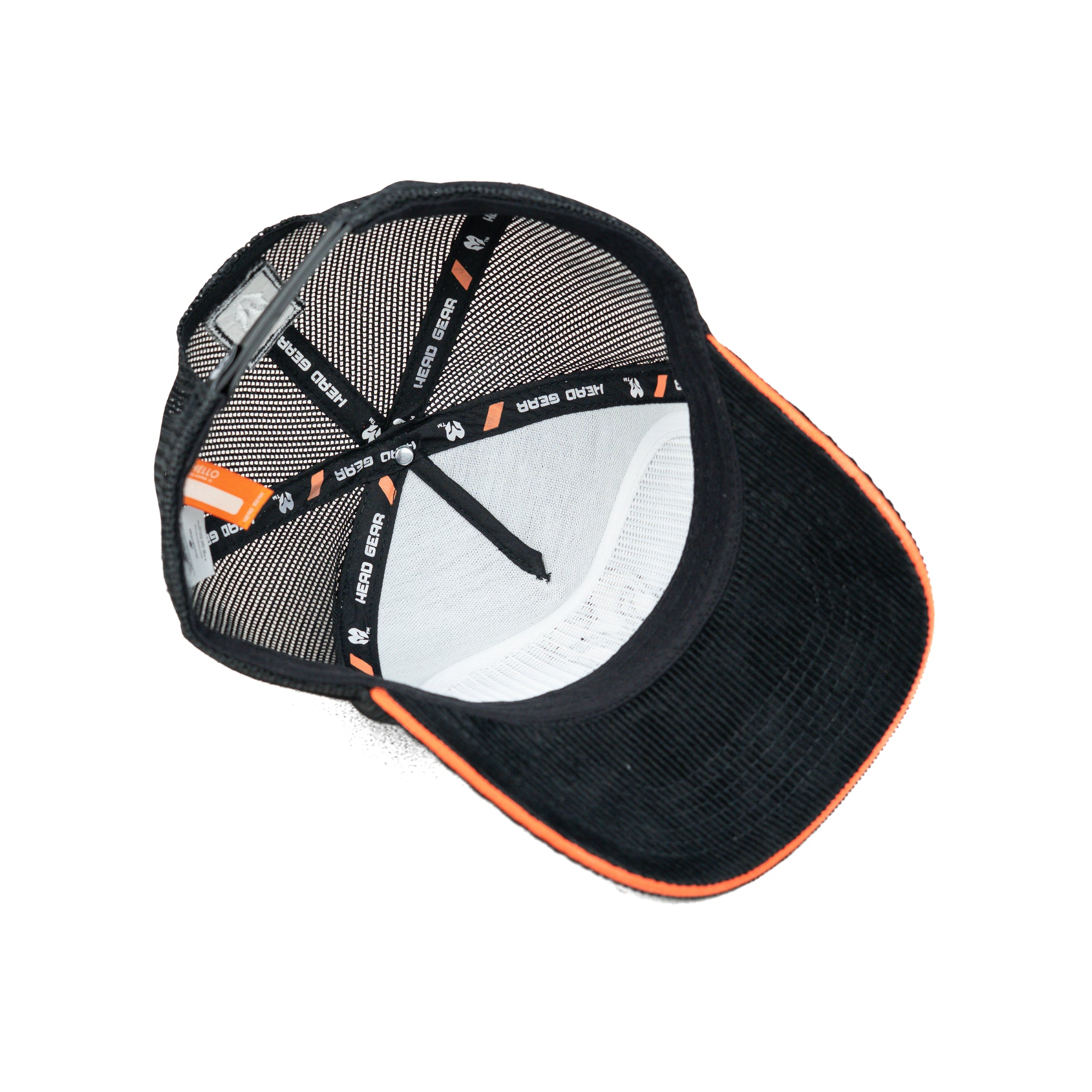 HEAD GEAR BLACK WITH ORANGE SANDWICH CORD TRUCKER CAP