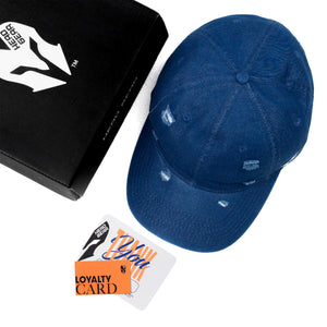 HEAD GEAR NAVY BLUE WASHED DENIM RIPPED CAP