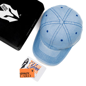 HEAD GEAR BRIGHT SKY BLUE WASHED DENIM METAL PATCH CAP