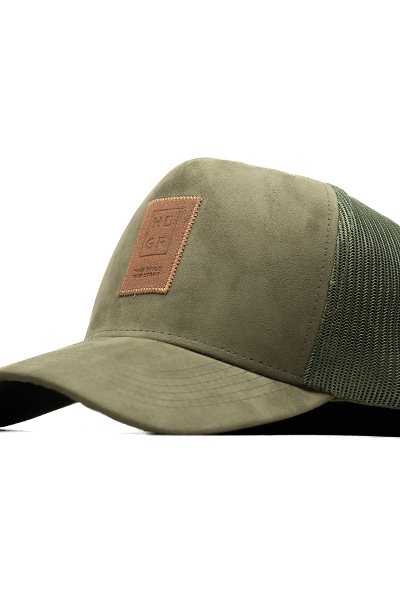 HEAD GEAR OLIVE TRUCKER LEATHER PATCH CAP