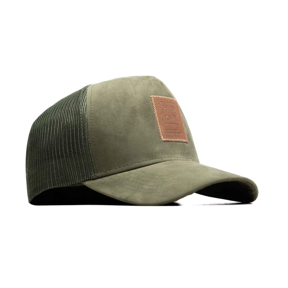HEAD GEAR OLIVE TRUCKER LEATHER PATCH CAP