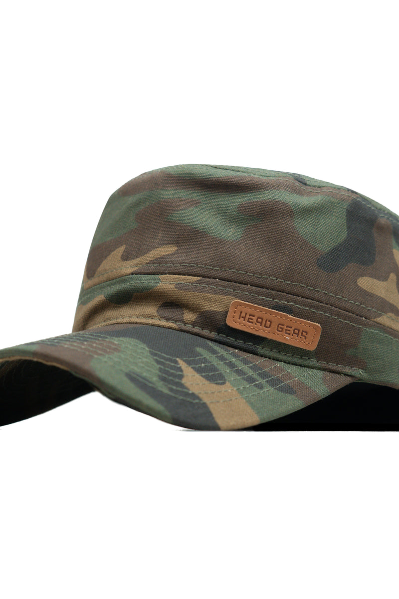 HEAD GEAR GREEN CAMO WITH LEATHER PATCH CAPTAIN'S CAP