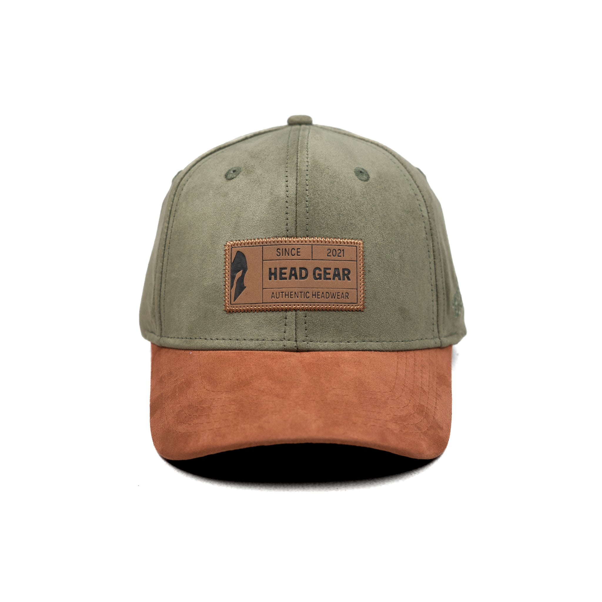 HEAD GEAR OLIVE BROWN LEATHER PATCH CAP
