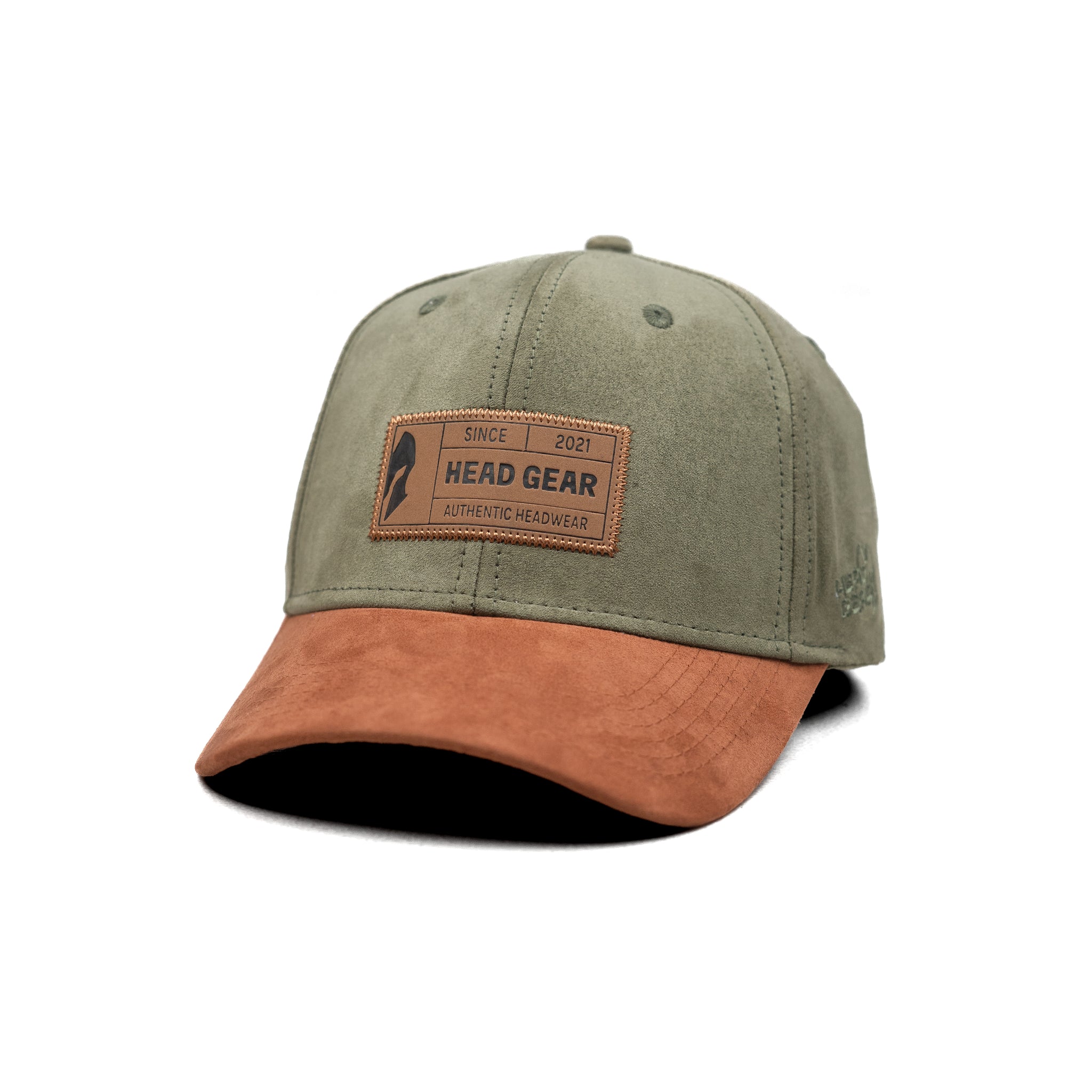 HEAD GEAR OLIVE BROWN LEATHER PATCH CAP