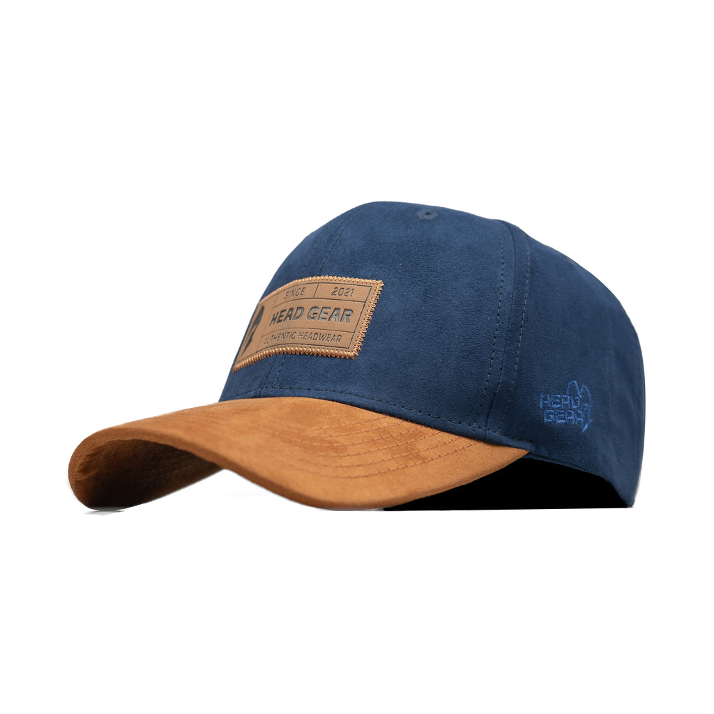 HEAD GEAR NAVY BLUE BROWN LEATHER PATCH CAP