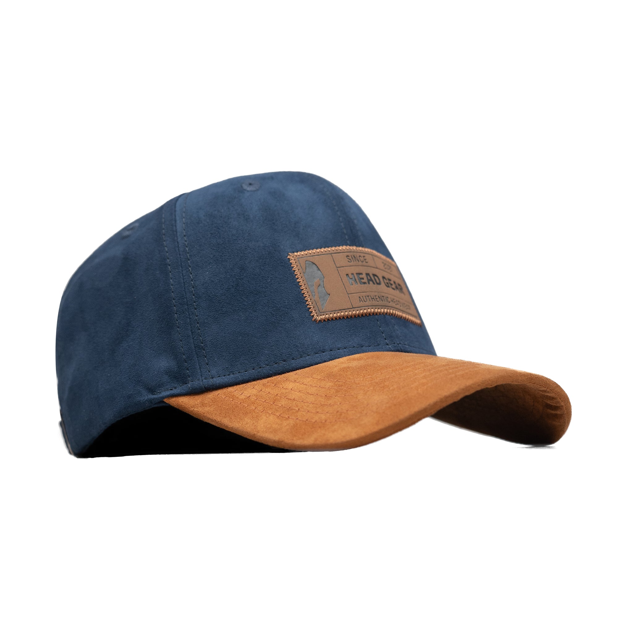 HEAD GEAR NAVY BLUE BROWN LEATHER PATCH CAP