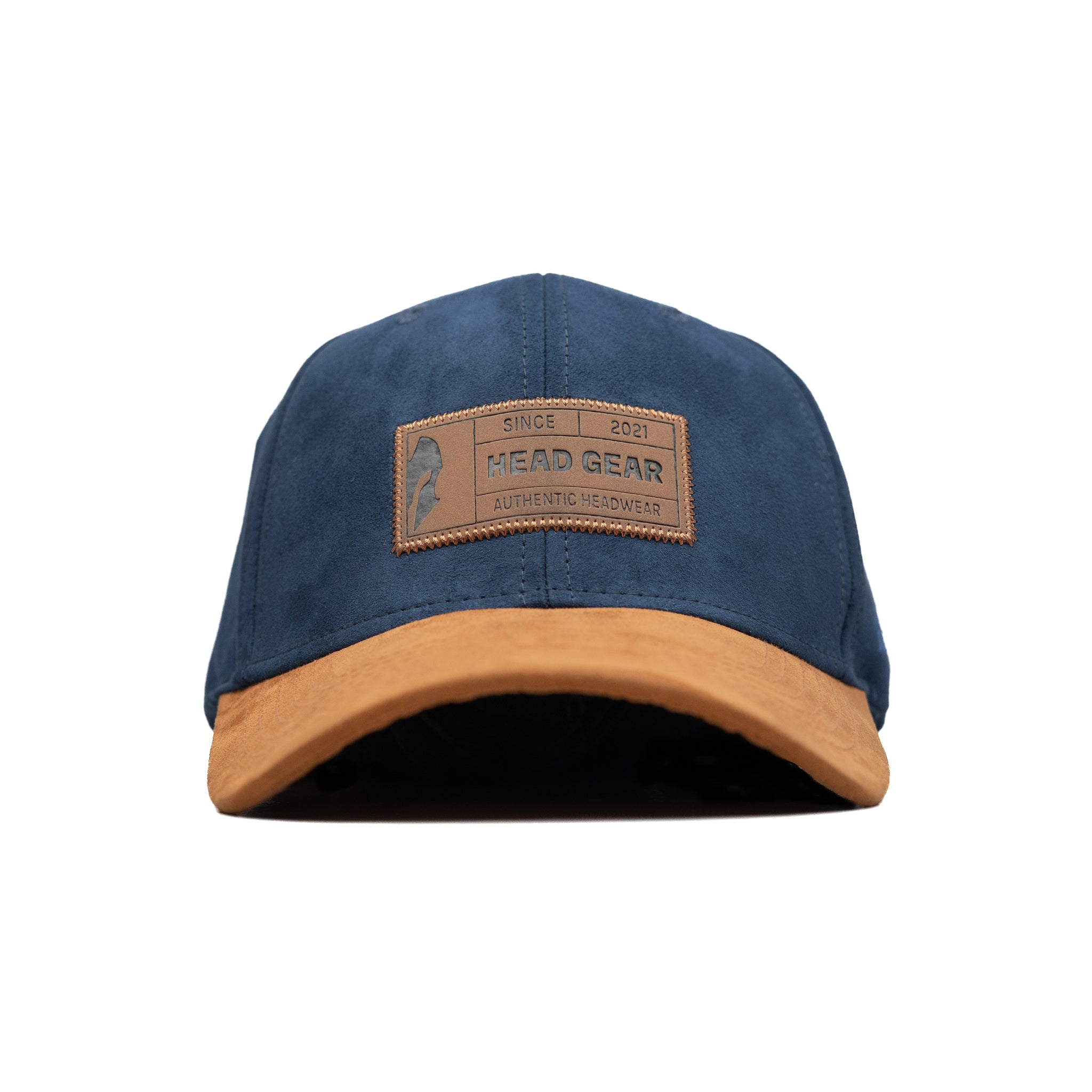 HEAD GEAR NAVY BLUE BROWN LEATHER PATCH CAP