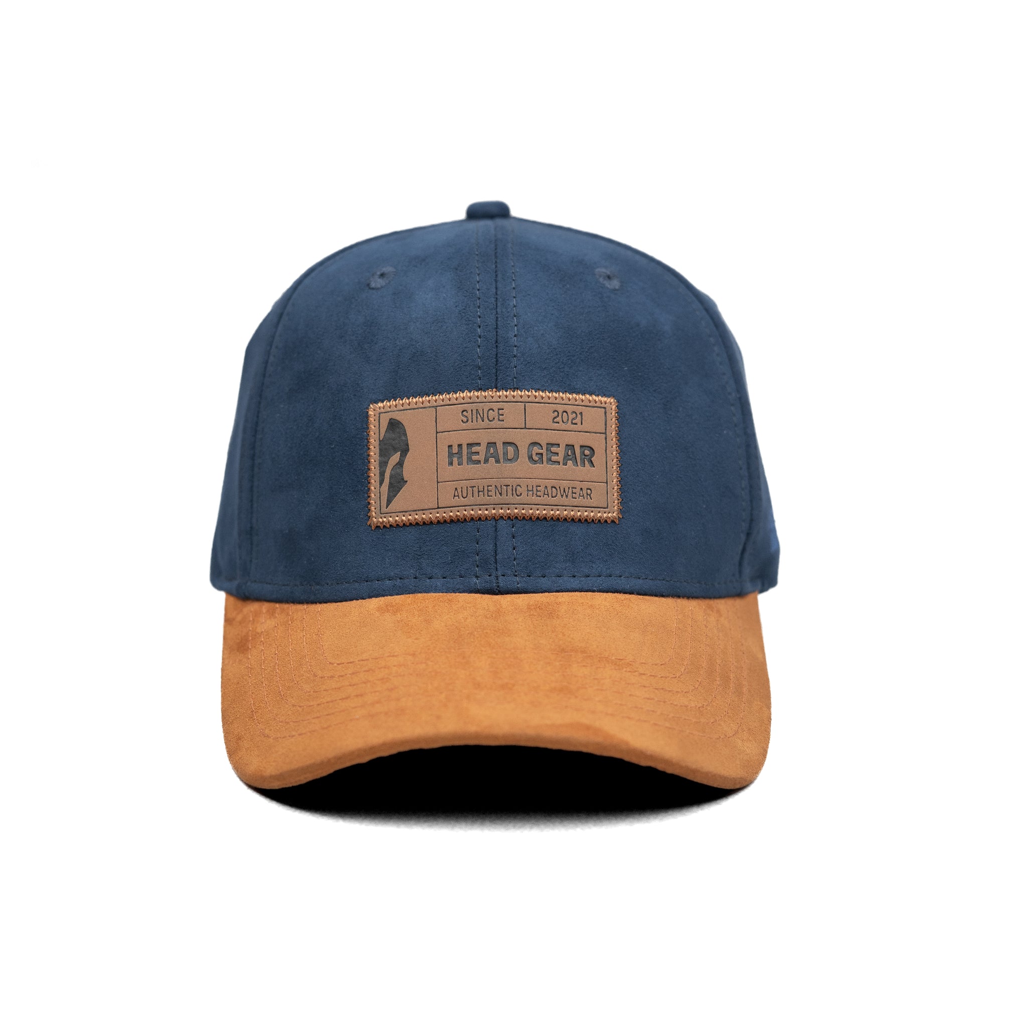 HEAD GEAR NAVY BLUE BROWN LEATHER PATCH CAP