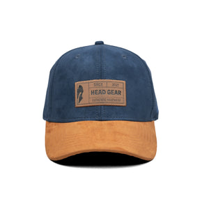 HEAD GEAR NAVY BLUE BROWN LEATHER PATCH CAP
