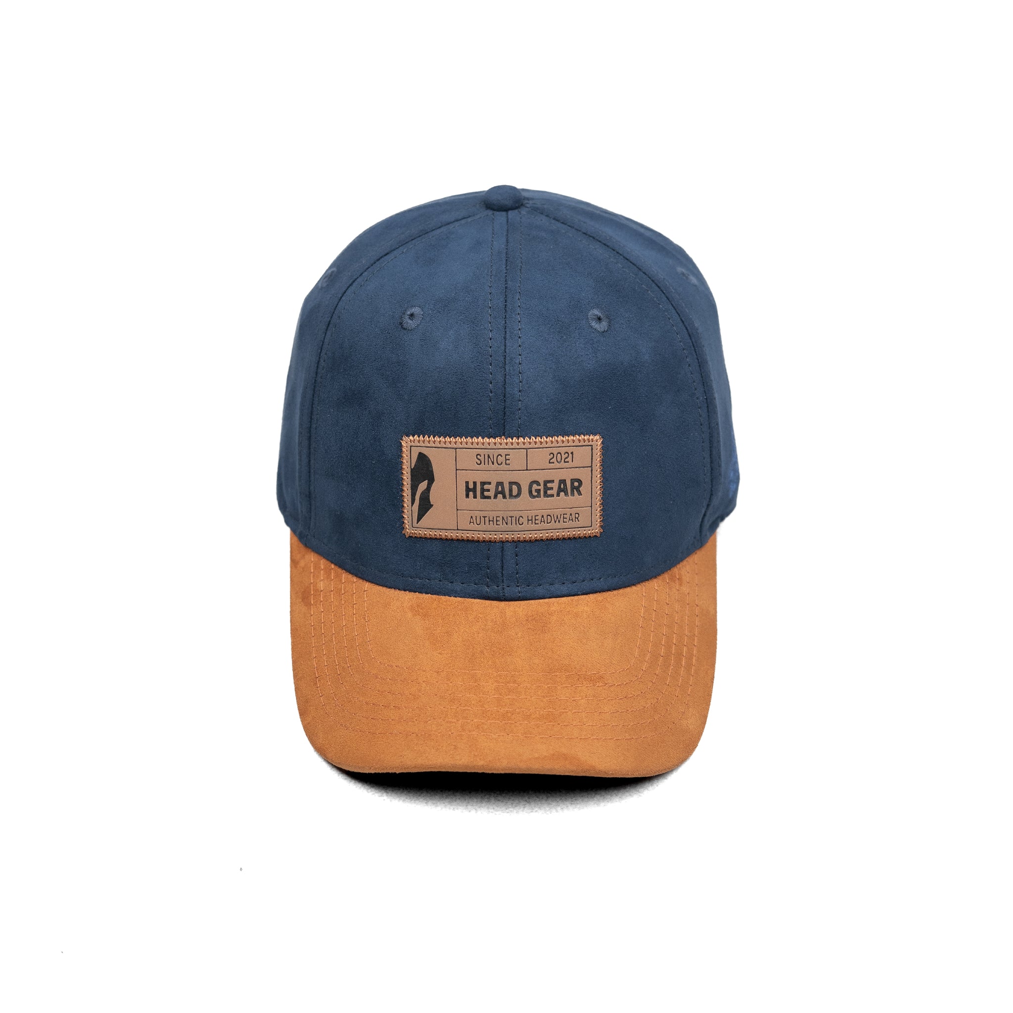 HEAD GEAR NAVY BLUE BROWN LEATHER PATCH CAP