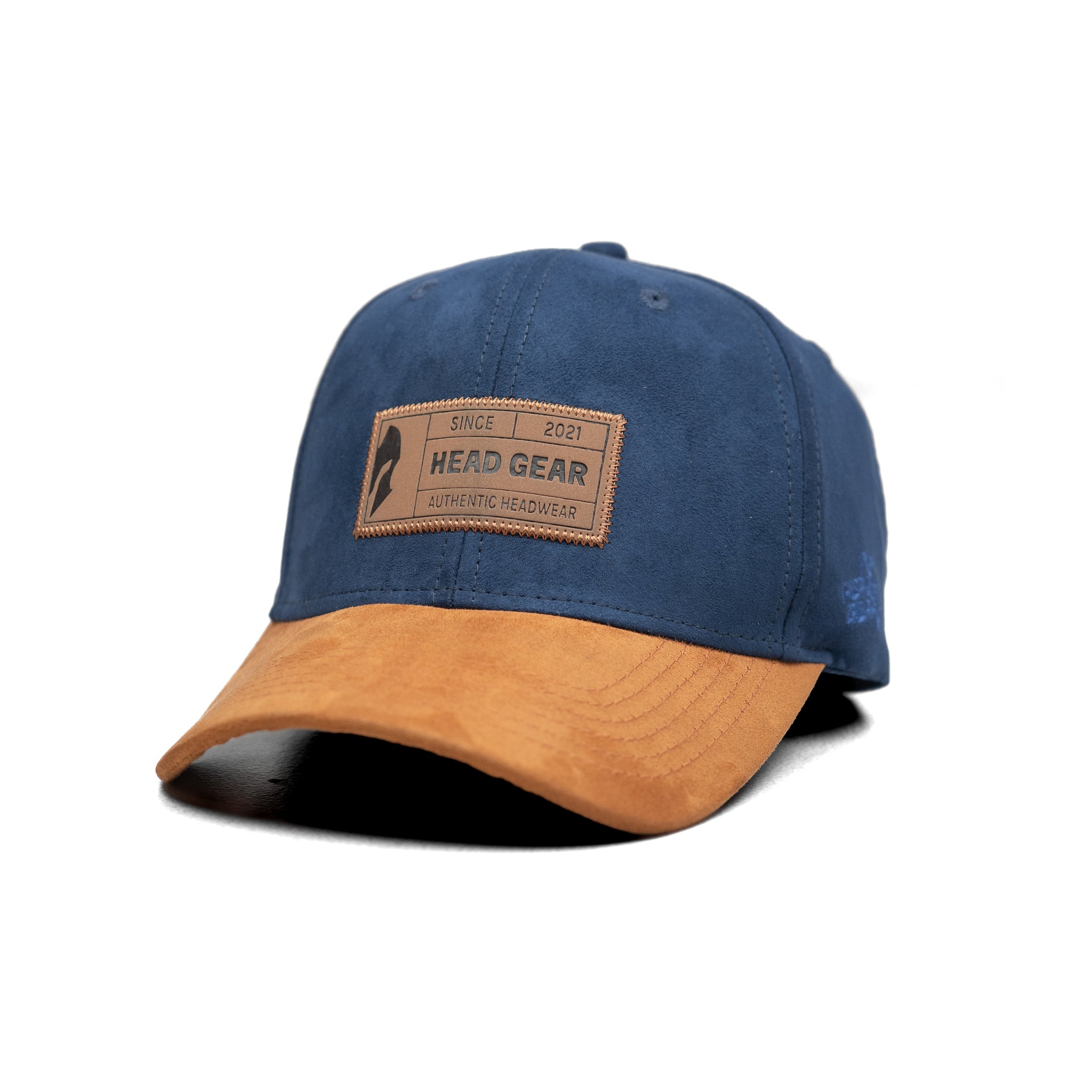 HEAD GEAR NAVY BLUE BROWN LEATHER PATCH CAP