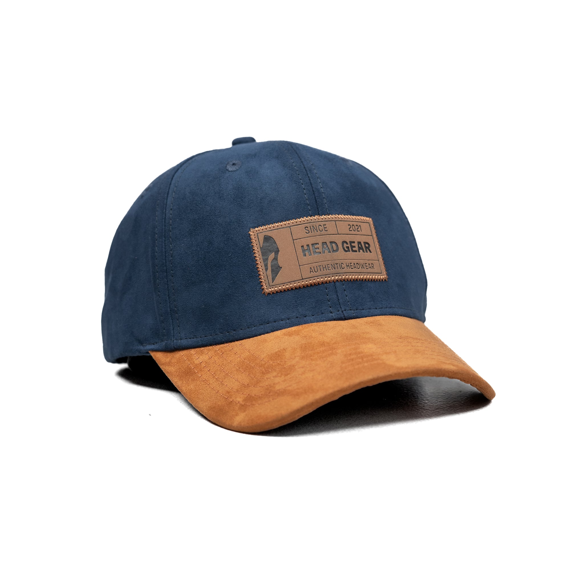 HEAD GEAR NAVY BLUE BROWN LEATHER PATCH CAP