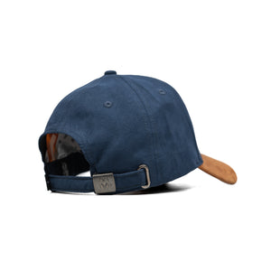HEAD GEAR NAVY BLUE BROWN LEATHER PATCH CAP