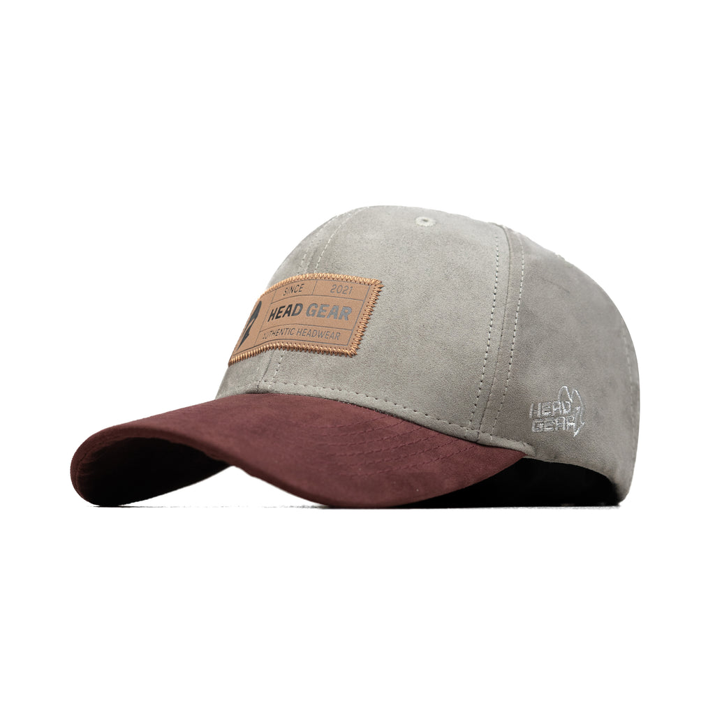 HEAD GEAR LIGHT GREY TUSCAN RED LEATHER PATCH CAP