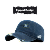 HEAD GEAR WASHED DENIM METAL PATCH RIPPED CAP - DARK NAVY BLUE