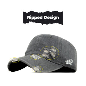 HEAD GEAR WASHED DENIM METAL PATCH RIPPED CAP - GREY – Head Gear
