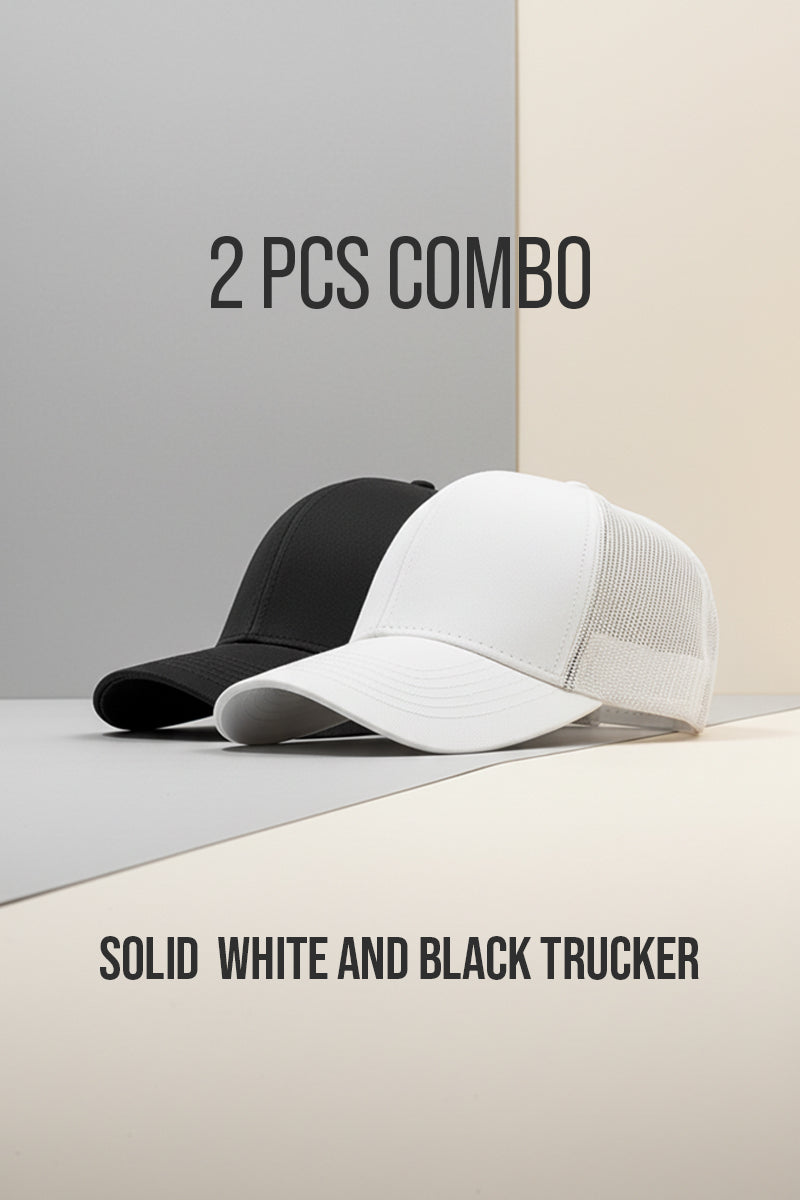 2 PCS COMBO OF SOLID WHITE AND BLACK TRUCKER CAP