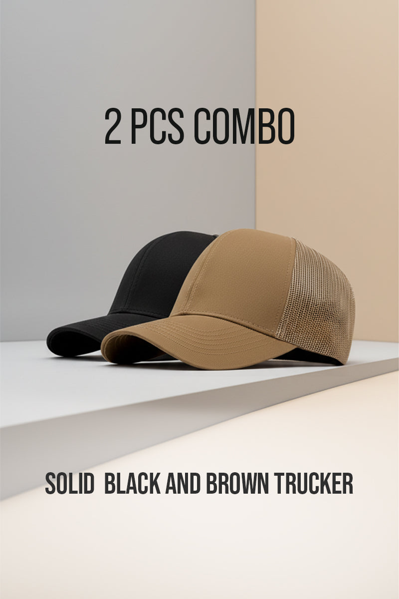 2 PCS COMBO OF SOLID BROWN AND BLACK TRUCKER CAP