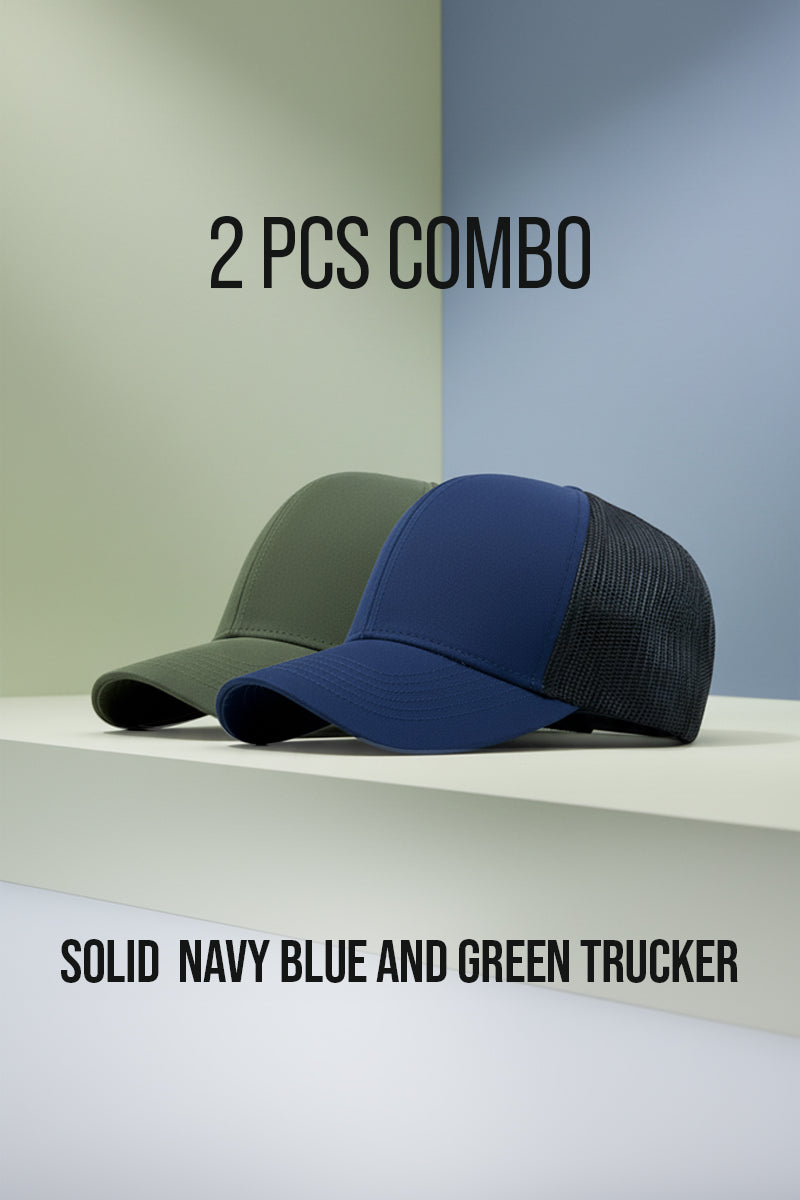 2 PCS COMBO OF SOLID NAVY BLUE AND GREEN TRUCKER CAP
