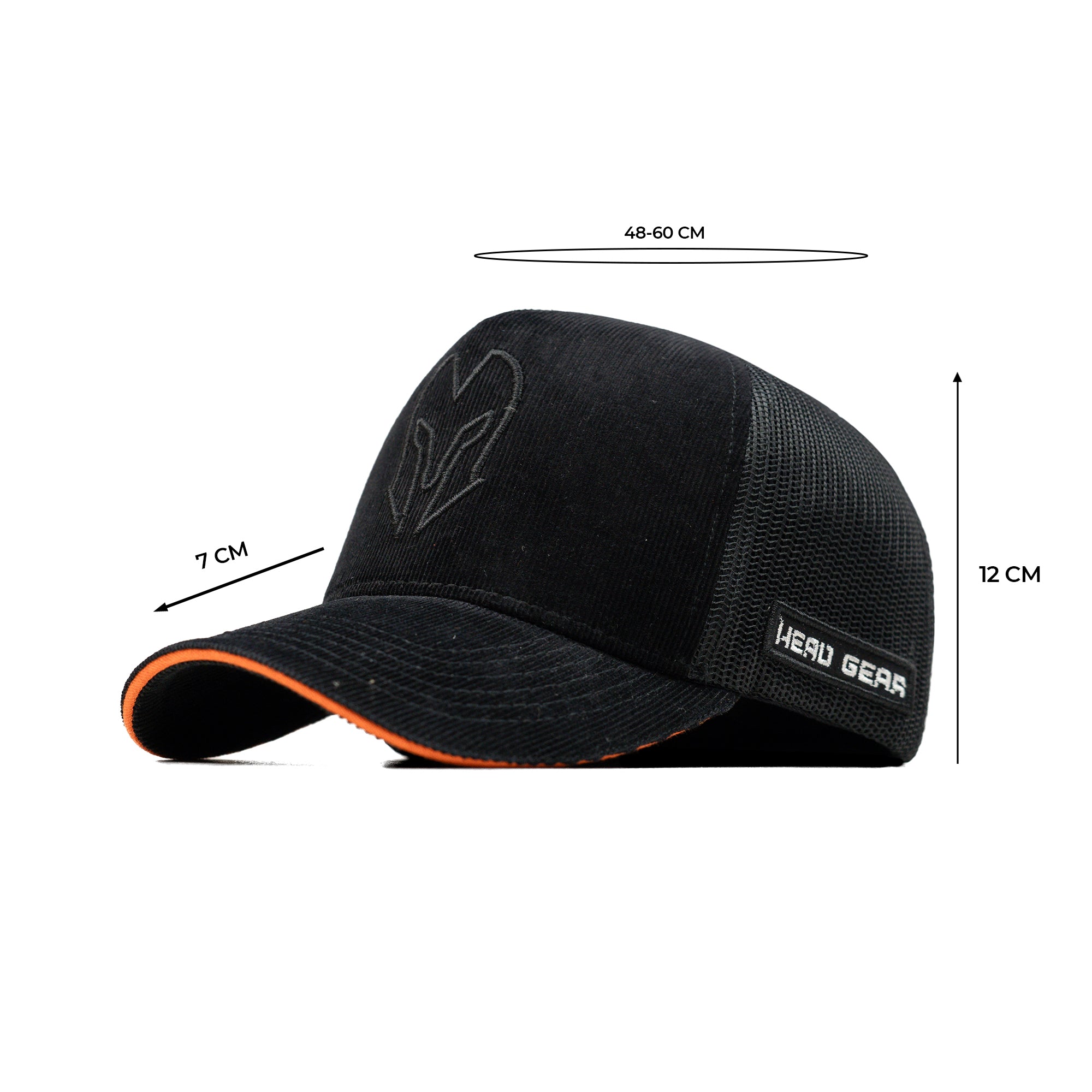 HEAD GEAR BLACK WITH ORANGE SANDWICH CORD TRUCKER CAP