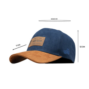 HEAD GEAR NAVY BLUE BROWN LEATHER PATCH CAP